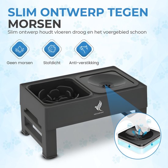 NovaWare Voerbak Kat en Hond – Met Standaard – Verstelbare & Verhoogde Voerbak - Anti lek Drinkbak - Slow Feeder Hondenvoerbak - Dubbel – Zwart