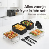 Airfryer Accessoireset 10-delig – Siliconen Bakjes, RVS Rekken, Spiesenrek, Tang, Spatel & Bakkwast – Geschikt voor Dual Zone Airfryer 7-10L – Vaatwasserbestendig & Hittebestendig 230°C