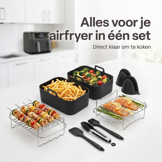 Airfryer Accessoireset 10-delig – Siliconen Bakjes, RVS Rekken, Spiesenrek, Tang, Spatel & Bakkwast – Geschikt voor Dual Zone Airfryer 7-10L – Vaatwasserbestendig & Hittebestendig 230°C