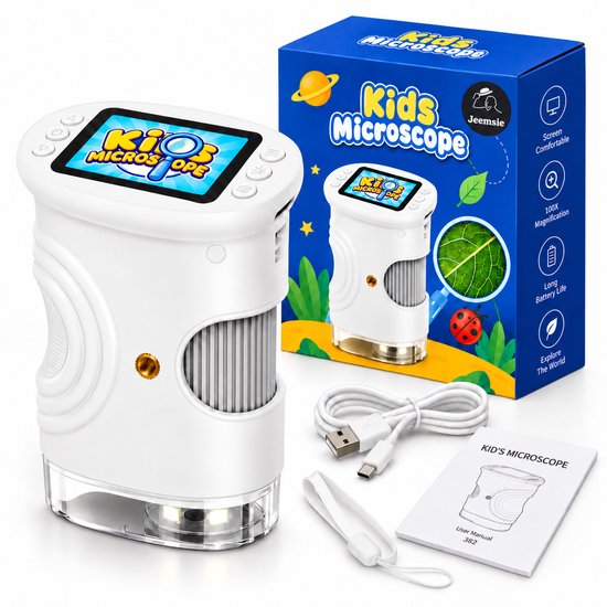Digitale Microscoop voor Kinderen – Handmicroscoop met Kleurenscherm – Foto & Video – LED-Verlichting – Oplaadbaar via USB-C – Compact & Draagbaar – Wit