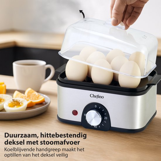 Chefino Eierkoker – Elektrisch – 8 Eieren – RVS – BPA-vrij – Timer & Automatische Uitschakeling – Inclusief Maatbeker met Eierprikker & Pochéerschaal – Anti-oververhitting – Zilver-Zwart