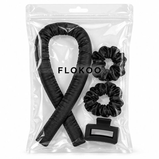 Heatless Curls Set – Krullen Zonder Hitte – Satijnen Krulband – Overnight Hair Curler – Inclusief 2 Scrunchies & Haarklem – Zwart