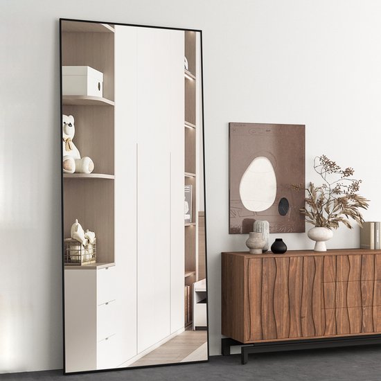 Vloerspiegel Rechthoek- 165 x 61 cm - Zwart - Passpiegel met Standaard Grote Wandspiegel - Hangende Spiegel - Staande Spiegel - Passpiegel Staand