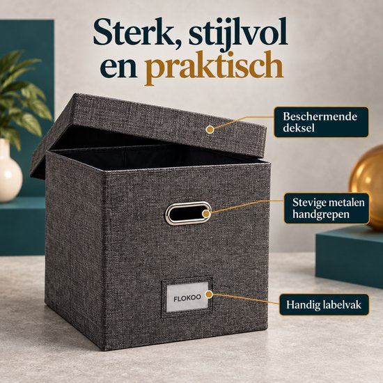LP Opbergsysteem - Opbergbox met Deksel – Vinyl Opbergbox voor 50+ Platen – 33 x 33 x 33 cm – Platenkoffer met Handgrepen & Labelhouder – Donkergrijs