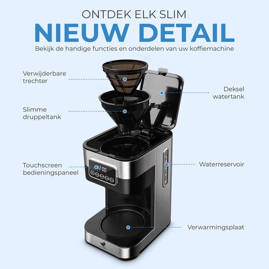 NovaWare Koffiezetapparaat Filterkoffie - 1.5L – Met Glazen Kan & Herbruikbaar Filter - Koffiemachines - Display – 12 Kopjes – Zwart-RVS