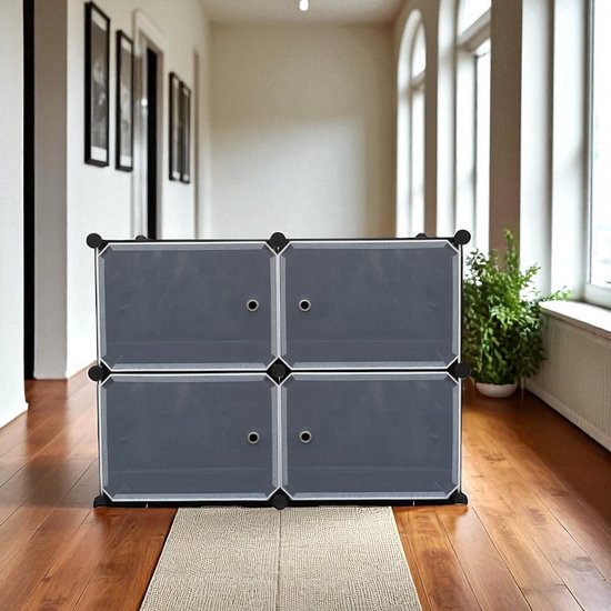 Schoenenkast – 4 Vakken – 81 x 65 cm – Stijlvol & Ruimtebesparend – Kunststof Opbergkast met Deurtjes – Zwart-Grijs