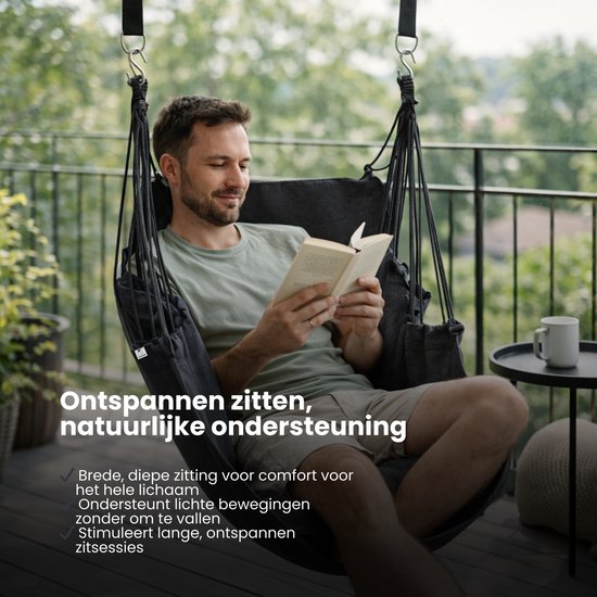Hangstoel met Kussen – Hangende Stoel voor Binnen en Buiten – Inclusief Ophangset – Belastbaar tot 125 kg – Katoenen Hangstoel voor Tuin, Balkon, Slaapkamer & Balkon – Zwart