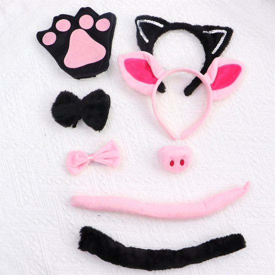 Joya Kids® Kat Zwart Verkleed Accessoires | Verkleedset Katten | Meisjes en Jongens Verkleedpak Kitten | Carnaval en Halloween Outfit kinderen | Haarband met Oren, Staart, Pootjes en Strik | Zwart