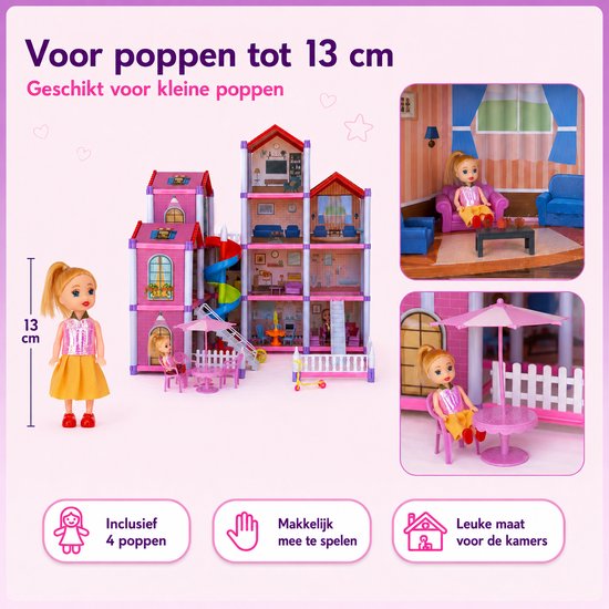 DMG Supply Groot Poppenhuis - Hoog - Meerdere Verdiepingen - Poppen - Meubels