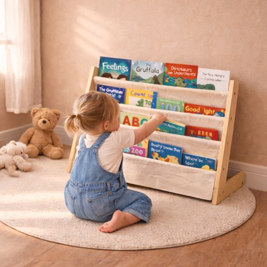 Kinderboekenkast - Bruin - Hout met Linnen - Kinderboekenrek - Boekenrek Kinderkamer