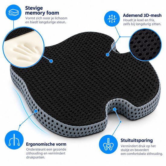 Ergonomisch Zitkussen – Memory Foam Stoelkussen met Stuituitsparing – 48 x 41 x 7 cm – Zitkussen voor Bureaustoel, Auto & Thuis – Ademend 3D Mesh – Zwart