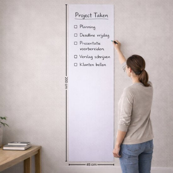 FLOKOO Whiteboard Sticker XL Zelfklevend (200 x 45 cm) met 4 Stiften met Wisser - Whiteboard Folie - Beschrijfbare Muursticker - Whiteboardsticker - Whiteboardfolie - Schoolbord Folie - Memobord Folie