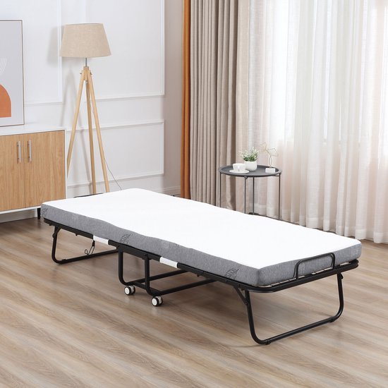 Opklapbaar bed 1 persoons met wielen verstelbaar, tot 150 kg, wit + zwart, 200 x 75 x 42,5 cm | Aosom.nl