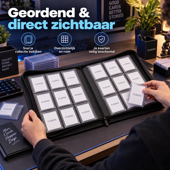 Toploader Binder – Verzamelmap voor 288 Trading Cards – 9 Vaks Kaartenmap – Geschikt voor Toploaders – Met Ritssluiting – Zwart