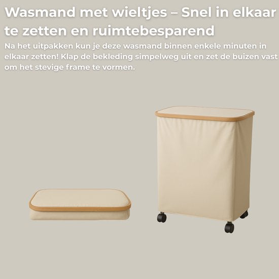 AKSA Home® Wasmand met Wieltjes - Wassorteerder met 3 vakken - Wasmand Opvouwbaar met Deksel - 160L - Beige/Creme