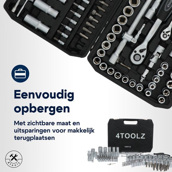 4toolz ® Doppenset 108-delig in Koffer - 72 tands Ratels 1/2" en 1/4'' Doppen en Bit-set