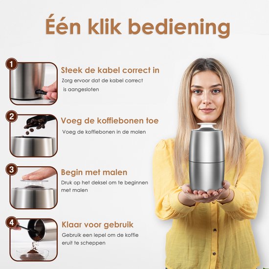 Elektrische Koffiemolen - 200W - 60g Capaciteit - Roestvrij Staal - Stil (45dB) - Koffiebonen, Noten & Specerijen