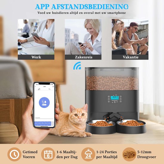 Automatische Voerbak - Kat en Hond - 2-in-1 Voerautomaat - Voerautomaat - Voice Recorder & Timer - Smart App Besturing - Voerdispenser - 6L - Zwart - Honeyguardian