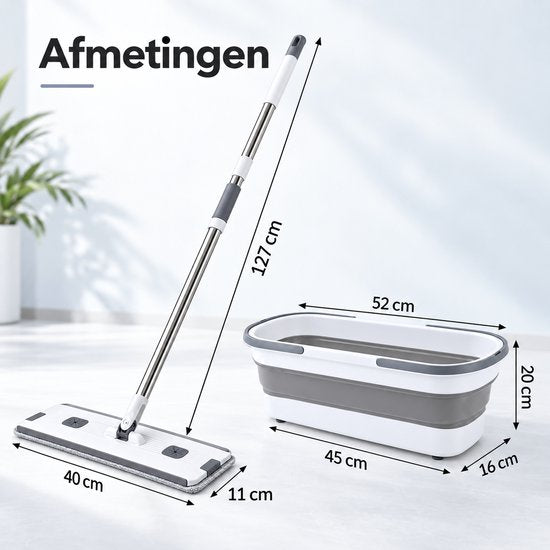 Dweilset met Emmer – Vlakmop met Opvouwbare Emmer – 360° Draaibare Mop – Telescopische Steel 127 cm – Inclusief 2 Microvezeldoeken – Wit-Grijs - Dwijl