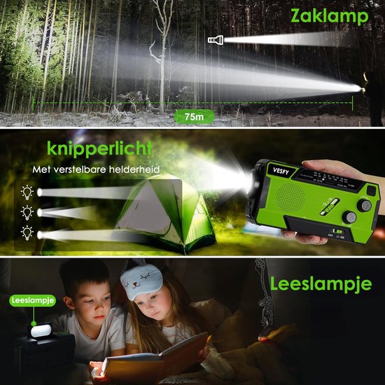 Vesfy Noodradio Solar Opwindbaar - Oplaadbaar & Batterijen - 7400mWh - LED Zaklamp - AM-FM Radio - Draagbare Radio voor Noodpakket