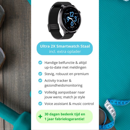 Nexvex® Ultra 2X Smartwatch - Sporthorloge met Belfunctie - Bloeddrukmeter - Stappenteller - Hartslagmeter - Bluetooth Activity Tracker - Android, iOS - 1.46 Inch - Zwart - Staal