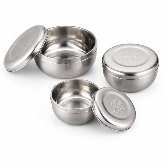 RVS Lunchbakjes Set met Deksel – 3 Delige Bewaarbakjes van RVS 304 – Herbruikbare Vershoudbakjes – Lunchbox Set – 170 ml, 320 ml & 420 ml