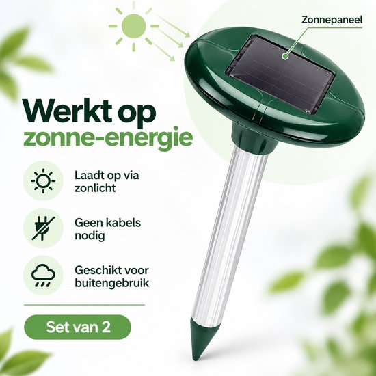 Mollenverjager op Zonne-energie – Solar Mollenverjager – Set van 2 – Voor Gazon, Tuin & Moestuin – Zonder Kabels – 35 cm
