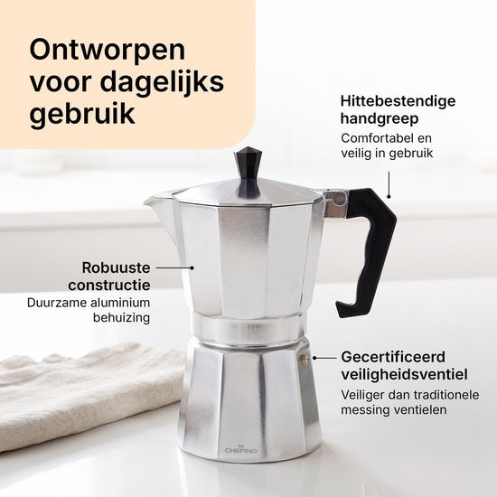 Chefino Percolator 6 Kops – Moka Pot 270 ml – Espressopot voor Italiaans Koffiezetten – Aluminium Mokkapot – Espressomaker voor Gasfornuis