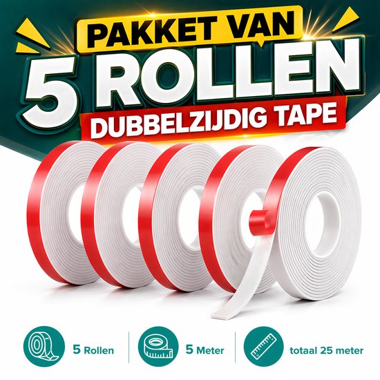 24ME® - Pakket van 5 rollen - 25 Meter Extra Sterk Dubbelzijdig PE Foam Tape - Wit - 20mm x 1mm - 5 Rollen Meter - Extra Sterke Kleefkracht