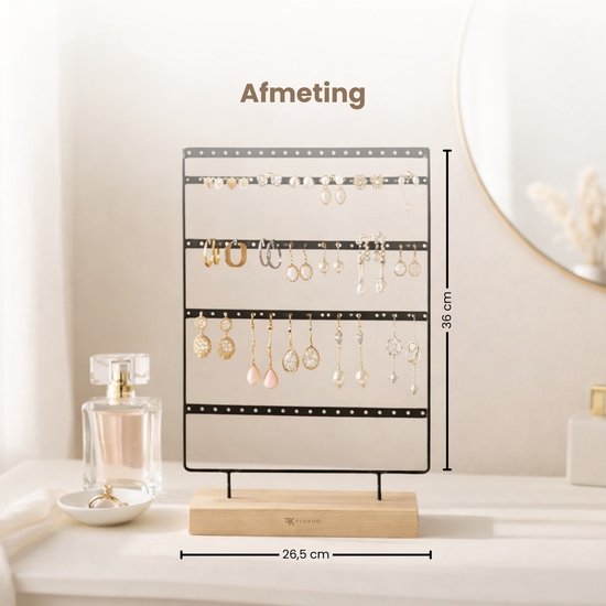 Sieradenrek met Houten Voet – Oorbellen Houder Staand – Sieraden Organizer 4 Rijen – Metalen Display Standaard – Oorbellen Display 36 cm – Sieradenhouder voor Oorbellen & Sieraden