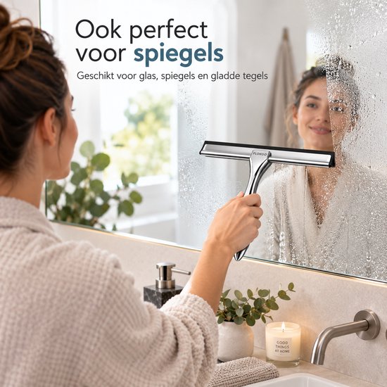 Douchewisser RVS – Raamwisser voor Douche, Glas & Tegels – 25,5 cm Brede Wisser – Inclusief Zelfklevende Ophanghaak – Zilver