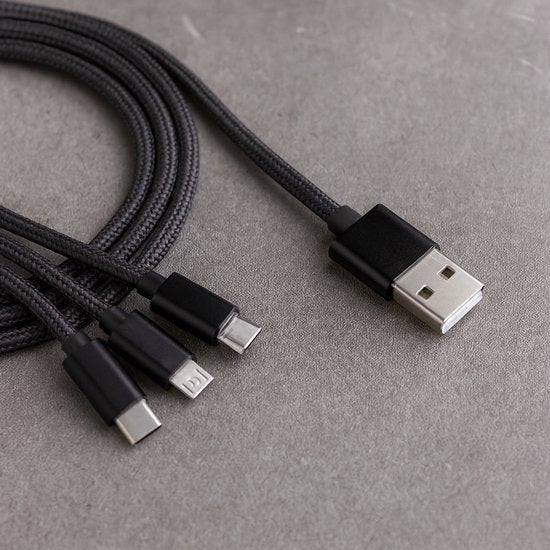 FLOKOO 3-in-1 USB Kabel – 1 meter – Snelladen & Dataoverdracht – USB naar USB-C - Micro-USB - Lightning – Nylon Gevlochten – Zwart - Oplaadkabel Telefoon