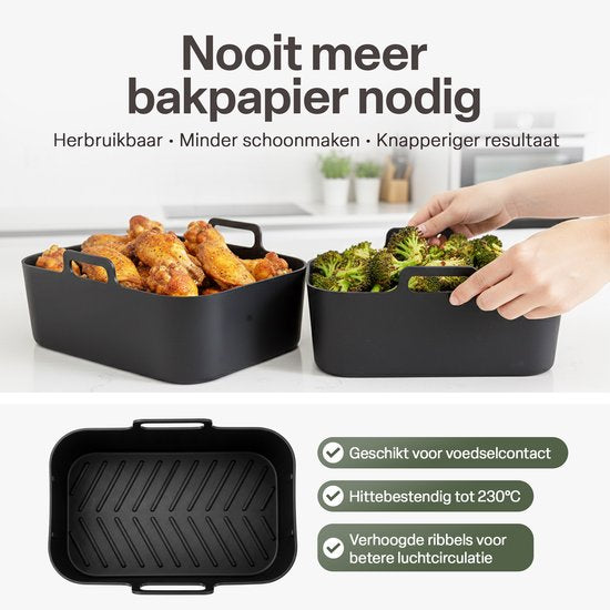 Airfryer Accessoireset 10-delig – Siliconen Bakjes, RVS Rekken, Spiesenrek, Tang, Spatel & Bakkwast – Geschikt voor Dual Zone Airfryer 7-10L – Vaatwasserbestendig & Hittebestendig 230°C