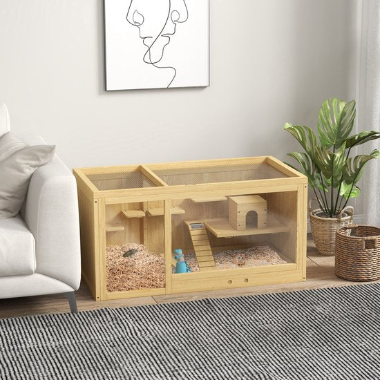 Knaagdierkooi - Sparrenhout - inclusief accessoires en drinkfles - 100 x 50 x 50 cm - Natuurlijk
