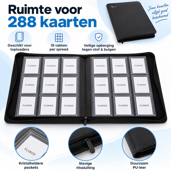 Toploader Binder – Verzamelmap voor 288 Trading Cards – 9 Vaks Kaartenmap – Geschikt voor Toploaders – Met Ritssluiting – Zwart