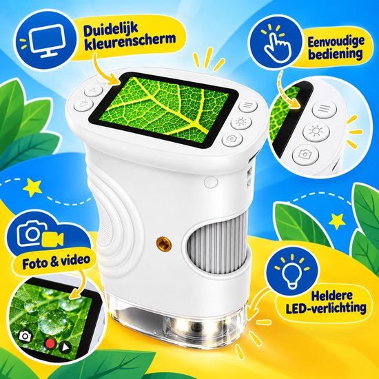 Digitale Microscoop voor Kinderen – Handmicroscoop met Kleurenscherm – Foto & Video – LED-Verlichting – Oplaadbaar via USB-C – Compact & Draagbaar – Wit