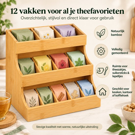 Theezakjes Organizer Bamboe – Theedoos met 12 Vakken – 3-Laags Theerek – Theezakjeshouder voor Aanrecht – Volledig Gemonteerd – 26,7 × 17,3 × 24,1 cm