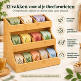 Theezakjes Organizer Bamboe – Theedoos met 12 Vakken – 3-Laags Theerek – Theezakjeshouder voor Aanrecht – Volledig Gemonteerd – 26,7 × 17,3 × 24,1 cm