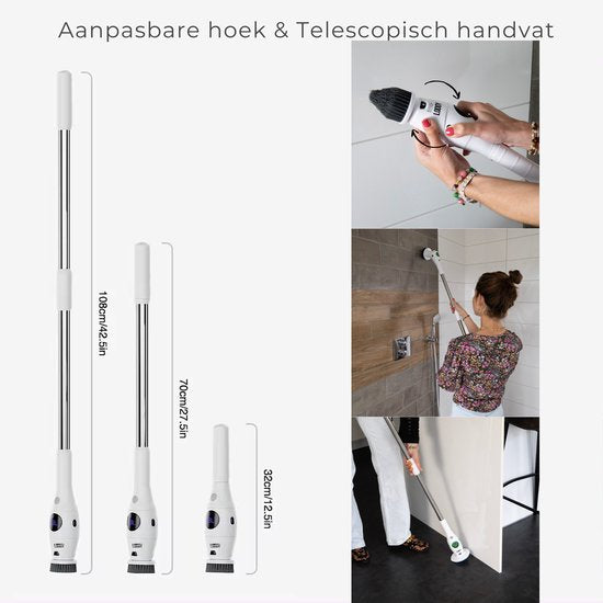 Lodgy® Elektrische Schoonmaakborstel - Schoonmaakborstel - Schrobber met Steel - Schrobmachine - Schrobborstel - Wasborstel met Telescopische Steel - 7 Opzetstukken