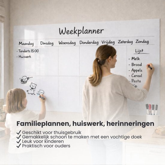 FLOKOO Whiteboard Sticker XL Zelfklevend (200 x 45 cm) met 4 Stiften met Wisser - Whiteboard Folie - Beschrijfbare Muursticker - Whiteboardsticker - Whiteboardfolie - Schoolbord Folie - Memobord Folie