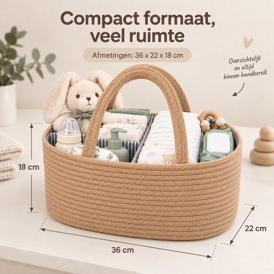 Luiermand voor Commode – Baby Organizer met Uitneembare Vakken – Commodemandje met Handvatten – 36 x 22 x 18 cm – Opbergmand voor Luiers, Doekjes & Babyverzorging – Bruin