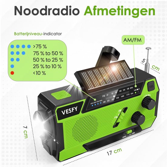 Vesfy Noodradio Solar Opwindbaar - Oplaadbaar & Batterijen - 7400mWh - LED Zaklamp - AM-FM Radio - Draagbare Radio voor Noodpakket