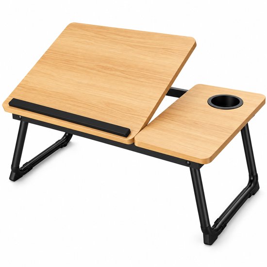 Laptoptafel voor Bed & Bank – Inklapbare Bedtafel met Verstelbaar Werkblad – Bekerhouder & Zijblad – Laptopstandaard van Bamboe – Tot 45 kg