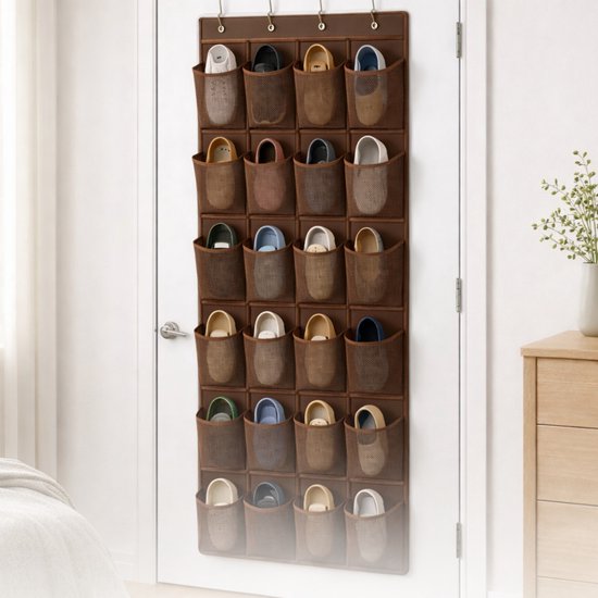 Schoenenkast Hangend - Schoenenzak 24 vakken - Opbergen van Schoenen aan Deur - Schoenenzak Bruin - Oplossing voor rondslingerende schoenen - Hoogwaardige Schoenenkast