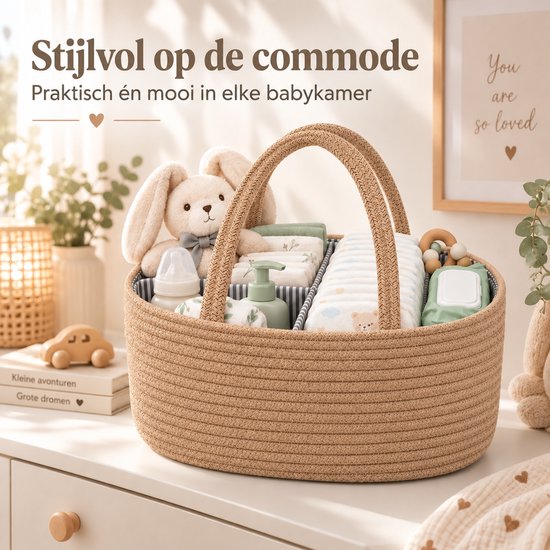 Luiermand voor Commode – Baby Organizer met Uitneembare Vakken – Commodemandje met Handvatten – 36 x 22 x 18 cm – Opbergmand voor Luiers, Doekjes & Babyverzorging – Bruin