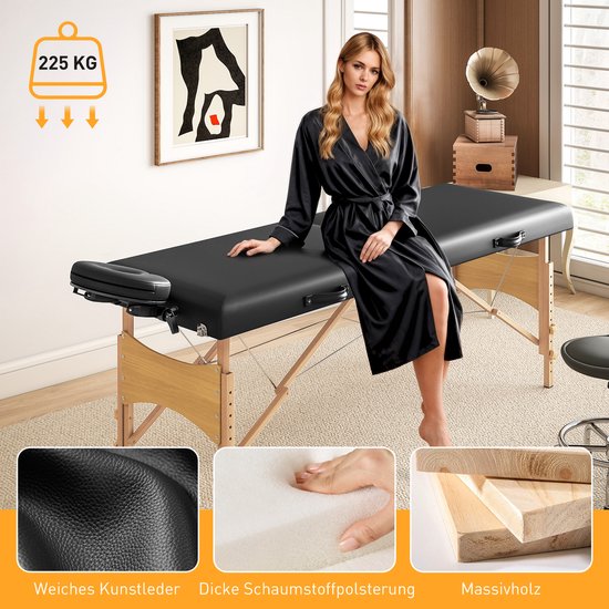 Hoogteverstelbare Massagetafel met Houten Frame - Opvouwbaar Massagebed met Schuimvulling - Zwart