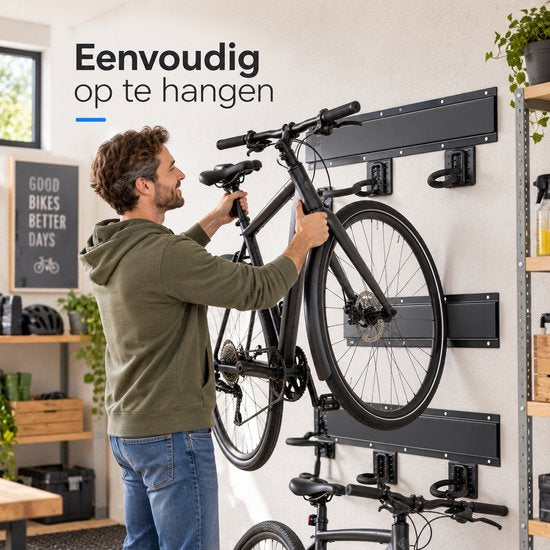 Fietsenrek Muur voor 4 Fietsen – Fiets Ophangsysteem Wand – Fietshouder met Rails & 8 Haken – Fiets Muurbeugel voor Garage en Schuur – Zwart