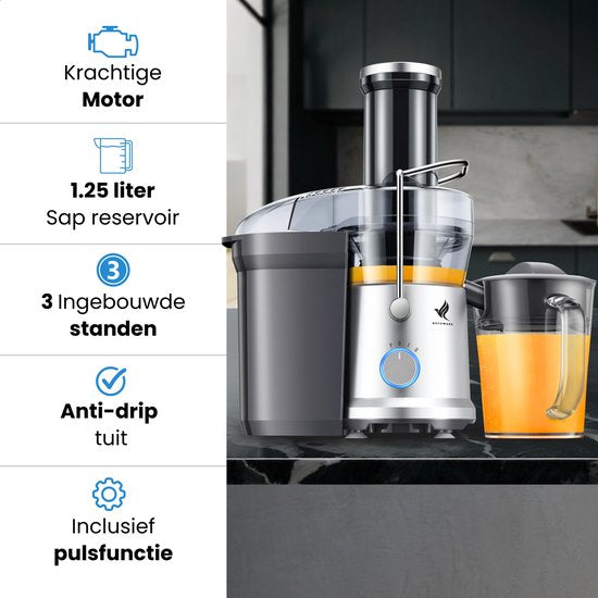 NovaWare Sapcentrifuge – Juicer voor Groenten en Fruit – Grote Vulopening & Pulpcontainer – 1200W – 1.25L - 3 Snelheden