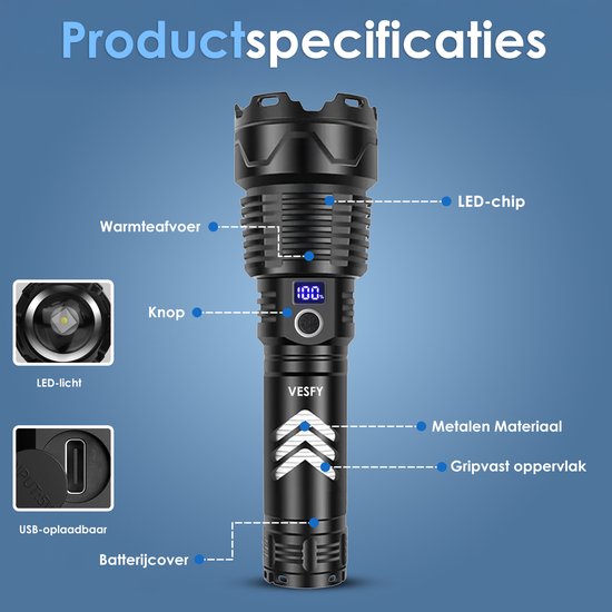 Vesfy LED Zaklamp Oplaadbaar - 10000 Lumen - 5 Lichtstanden - Militaire Zaklamp - IPX6 Waterdicht - Voor Noodpakket & Camping