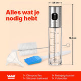 Oliespray Fles 90 ml – Olijfolie Spray met Fijne Nevel – Olieverstuiver met Maatverdeling – Inclusief Trechter, Reinigingsborstel & Siliconen Bakkwast – Voor Airfryer, BBQ en Salade
